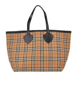 Reversible Oversize Checked Tote, Cotton, Brown, MII, 3*